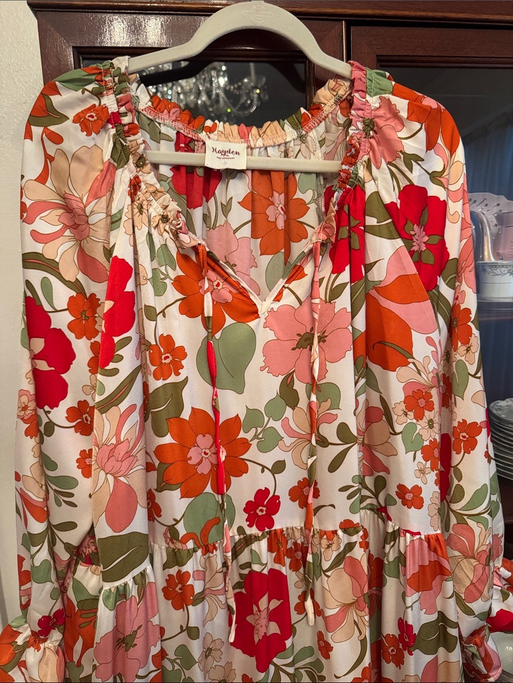 Hayden LA Satin Floral Tie Neck Tiered Maxi Dress - Picture 4 of 14
